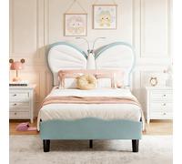 SAOOZBE Cama infantil tapizada de 90 x 200 cm, cama de princesa con LED y cabecero ajustable en mariposa, cama individual con somier (azul A, 90 x 200 cm)