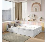 SAOOZBE Cama para niños con suelo 140 x 200 cm, cama Montessori con protección contra caídas y somier de láminas macizo, para niños, de madera de pino (blanco B, 140 x 200 cm)
