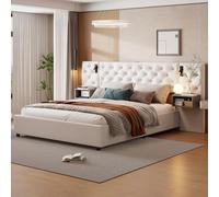 SAOOZBE Cama tapizada doble de 140 x 200 cm, cama de almacenamiento hidráulica con 2 mesitas de noche, cabecero ancho con función de carga LED y USB, cama juvenil con somier, sin colchón, terciopelo