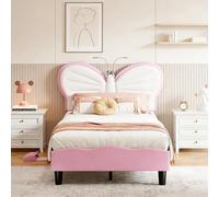 SAOOZBE Cama tapizada para niños, 90 x 200 cm, cama de princesa con LED y cabecero ajustable en forma de mariposa, cama individual con somier (rosa E, 90 x 200 cm)