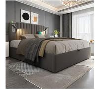 Sapgaks Cama acolchada 160x200cm, cabecero de diseño con función de carga USB y lector de libros, con cajón de almacenamiento hidráulico, material de algodón, gris (colchón no incluido)