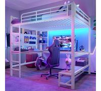 Sapgaks - Cama altillo con escritorio (140 x 200 cm, toma USB+tipo C, cama entrepiso de 1 plaza infantil con tira LED, cama infantil con almacenamiento, superpuesta, varios estantes, con panel