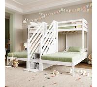 Sapgaks - Cama altillo de escalera, 90 x 200 cm, cama entrepiso de 3 plazas, litera de 3 plazas pino, escalera retráctil con cajones, guardabarros, certificado en 747, sin colchón, color blanco