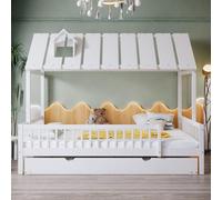 Sapgaks Cama cabaña infantil 120 x 200 con cama nido y litera infantil de 120 x 200 madera, cama entrepiso de 2 plazas con somier de láminas, con barrera, cama entrepiso con almacenamiento, pino + MDF