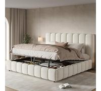 Sapgaks Cama con somier de láminas de 200 x 200 cm, cama doble con almacenamiento, cama de adulto, baúl hidráulico espacioso, cabezal acolchado acolchado, tejido rizado suave