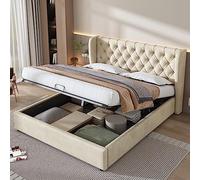 Sapgaks - Cama de 140 x 190 cm, marco de cama para 2 personas, cama acolchada, con somier de láminas, terciopelo, funcional hidráulico con somier de láminas y espacio de almacenamiento, color beige