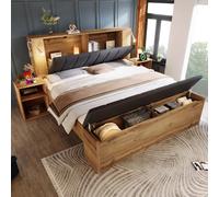 Sapgaks - Cama de 160 × 200 con somier de láminas con puerto USB, cama doble de 160 × 200 cm con cabecera abatible revestida, cama de 160 × 200 con dos mesitas de noche, marco de cama para 2 personas