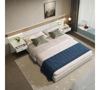 Sapgaks - Cama de 180 x 200 cm, con listones y cabecera, cama con 2 mesitas de noche LED y toma USB, cama para 2 personas con almacenamiento, marco de doble, conjunto de roble blanco (sin colchón)