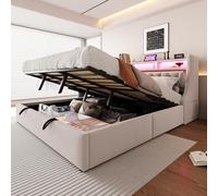 Sapgaks - Cama de 180 x 200 cm, con somier LED y USB, cama doble de 180 x 200 cm, con baúl de almacenamiento y cabeza ajustable, tapizado con láminas, 2 personas marco (sin colchón)
