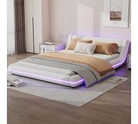 Sapgaks Cama Doble 140x200 cm,Cama Matrimonio,Cama Queen Size,Dormitorio Completo,Estructura de Cama de PU,Cama de Piso,luz Ambiental LED,Control Remoto de 24 Botones,Blanco