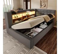 Sapgaks Cama doble con acolchado de 90 x 190 cm, cama de almacenamiento con iluminación LED, cabecero en forma de L con espacio de almacenamiento, somier, tela de lino, gris (colchón no incluido)