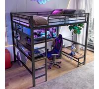 Sapgaks - Cama entrepiso infantil de hierro (140 x 200 cm, con tira LED,oficina, toma USB+tipo C, varios estantes,litera con guardabarros, marco de cama entrepiso de 1 plaza (negro, 140 x 200)