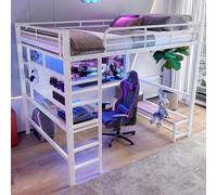 Sapgaks - Cama entrepiso infantil de hierro (140 x 200 cm, con tira LED,oficina, toma USB+tipo C, varios estantes, litera con guardabarros, marco de cama entrepiso de 1 plaza (140 x 200)