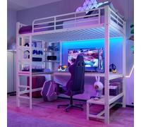 Sapgaks - Cama entrepiso infantil de hierro 90 x 200 cm con tira LED, oficina, toma USB+tipo C, varios estantes, litera con guardabarros, marco de cama entrepiso de 1 plaza (90 x 200)