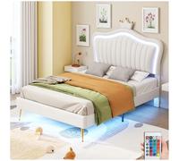 Sapgaks - Cama Infantil Con Lámparas LED, Doble Corona Blanca de Piel Sintética, 90 x 200 cm, Acolchada Con Somier de Láminas y Respaldo, Color Blanco (Colchón No Incluido)