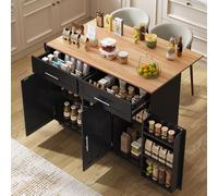 Sapgaks - Gran carro de servicio con mesa plegable, isla de cocina con toallero, 2 cajones, 3 compartimentos de almacenamiento, carro de cocina con 5 ruedas, armario de cocina, negro