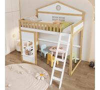 Sapgaks Litera infantil 90 x 200 cm, cabaña entrepiso de 2 plazas con escalera, barrera, protección anticaída y rejilla - blanco + natural