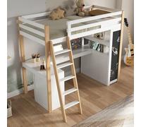 Sapgaks Litera infantil 90 x 200 con escritorio, cama entrepiso de 1 plazas 90 x 200 con compartimento de almacenamiento, con escalera, gran cajón, pizarra negra, estante, blanco + natural