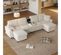 Sapgaks - Sofá de 4 plazas moderno de pana con consola central, tomas de corriente y puertos USB+tipo C, portavasos, dos reposapiés con almacenamiento, sofá esquinero en U (G-Bee)
