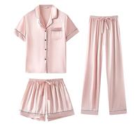 SAPJON Pijama de seda para mujer, conjunto de 3 piezas de ropa de dormir de satén clásico con botones de manga corta conjunto de pijama lindo ropa de descanso, Rosado, S