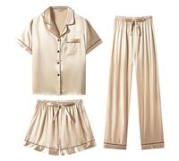 SAPJON Pijama de seda para mujer, conjunto de 3 piezas de ropa de dormir de satén clásico con botones de manga corta conjunto de pijama lindo ropa de descanso, Champán, XL