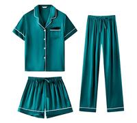 SAPJON Pijama de seda para mujer, conjunto de pijama de satén de 3 piezas, ropa de dormir clásica con botones y manga corta, bonito conjunto de ropa de descanso, Verde, Large