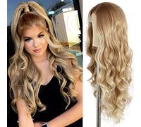 SAPPHIREWIGS Peluca Frontal De Encaje Ondulado Largo Rizado Para Las Mujeres Pre-Arrancado Ombre Rubio Miel Peluca Larga Resistente Al Calor Pelucas Sintéticas Para Fiesta Del Diario Peluca