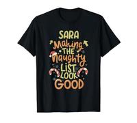 Sara Naughty List Funny Christmas Sara Nombre Personalizado Camiseta gráfica económica, Hombre, Negro, S