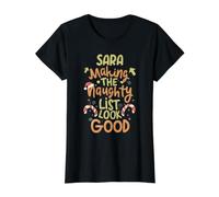 Sara Naughty List Funny Christmas Sara Nombre Personalizado Camiseta gráfica económica, Mujer, Negro, L