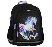 sarcia.eu Negra, mochila escolar REFORZADA de TRES COMPARTIMENTOS para niñas, con reflectores, caballo 40x29x20cm, 23 l (Caballo negro)