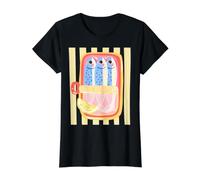 Sardina Pescado Enlatado Retro Pop Art Mediterráneo Verano Camiseta gráfica económica, Mujer, Negro, XS
