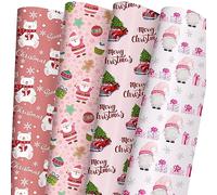 SaringSwoon Papel de regalo de Navidad rosa para niños y niñas, papel de regalo de Navidad con Papá Noel, gnomo, camiones rojos rústicos, oso polar en diseños rosados, 40 x 28 pulgadas, 6 hojas