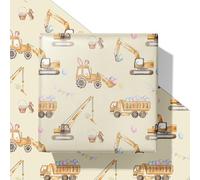 SaringSwoon Papel de regalo de Pascua para niños y niñas, papel de regalo con camiones, excavadora con orejas de conejo, conejos, zanahoria y huevos para vacaciones, baby shower, 28 x 40 pulgadas, 4