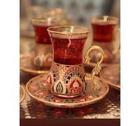 SARNEVA Juego de 6 vasos de té turco hechos a mano con platillos y asas, cristalería decorada de estilo vintage, elegantes tazas de té tradicionales árabes, persas y marroquíes para ceremonia de té