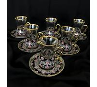 SARNEVA Juego de 6 vasos de té turco hechos a mano con platillos y asas, cristalería decorada de estilo vintage, elegantes tazas de té tradicionales árabes, persas y marroquíes para ceremonia de té