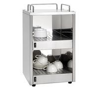 SARO ATHOS Calentador de tazas para gastronomía, carcasa de acero inoxidable, para aprox. 72 tazas, 2 estantes, medidas: 32 x 32 x 54,5 cm, 140 W, con estantes para tazas y platillos