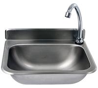 SARO ROKIA Lavamanos de acero inoxidable, accionamiento por rodilla y válvula antirretorno, montaje en pared con sifón, grifo móvil, 375 x 310 mm