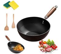 Sartén Antiadherente A Escala De Pescado 7,9-11,1 Pulgadas, Acero Al Carbono For Estufas Inducción Y Gas, Wok Hecho A Mano Con Vidrio Templado(26cm/10.2in,No Lid)