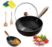 Sartén Antiadherente A Escala De Pescado 7,9-11,1 Pulgadas, Acero Al Carbono For Estufas Inducción Y Gas, Wok Hecho A Mano Con Vidrio Templado(26cm/10.2in,With Lid)