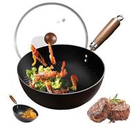 Sartén Antiadherente Con Patrón De Escamas Pescado, Wok Acero Al Carbono Fondo Plano Tapa Vidrio Y Mango Madera, 20-28 Cm For Cocina Gas(26cm)