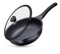 Sartén con tapa de 28 cm, antiarañazos, sartén profunda, compatible con inducción, mango resistente al calor, revestimiento de piedra Greblon alemana, olla sin productos químico (Negro, 28 CM)