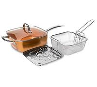 Sartén cuadrada de cobre antiadherente + Cesta para freír + Rejilla para cocinar al vapor o asar + Tapa de vidrio templado.