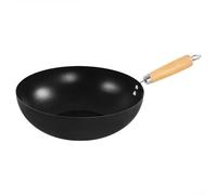 Sartén de hierro con mango de madera para freír y cocinar al vapor, wok de fondo plano, apto para estufas eléctricas de gas de inducción, color negro, 18 cm (26 cm)