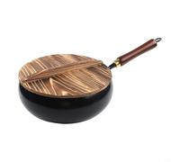 Sartén de hierro forjada a mano para cocinar con paredes gruesas con calor uniforme y adecuada para sellar, freír y cocinar a fuego lento (olla de 28 cm + tapa de madera)
