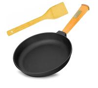 Sartén de hierro fundido de 22 cm de alto 43 mm con mango de madera BRIZOLL - Poele redonda con espátula - Sartén de inducción - Apto para barbacoa de gas, horno, chimenea y todo tipo de fuegos,