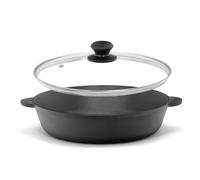 Sartén de hierro fundido de 28 cm de diámetro con tapa de cristal, sartén de hierro fundido, sartén para servir, cazuela, dos asas, sartén para todo tipo de cocinas, fogatas, hornos, parrilla de gas