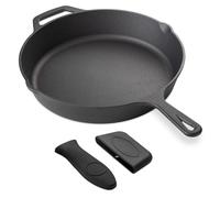 Navaris Sartén de hierro fundido - Cast iron skillet curado con doble mango y 2x protector de silicona - Sartén 30 CM inducción horno plancha gas