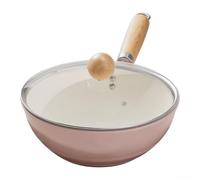 Sartén de metal para el hogar con mango de madera, wok inferior curvado antiadherente con tapa de vidrio para cocinar diariamente en gas o inducción, color rosa