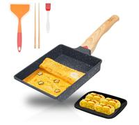 Sartén japonesa Tortilla 39*16.5*7.5cm, Sartén Tamagoyaki Antiadherente Rectangular con Mango de Madera Aislante - Incluye Plato, Cepillo para Aceite, Espátula, Palillos - para Inducción y Gas