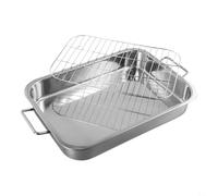 Sartén para asar de acero inoxidable con estantes, bandeja de horno profunda para pavo y pollo, parrilla pulida con espejo, bandeja para hornear para cocina, fácil de limpiar (36 x 26 x 6 cm)